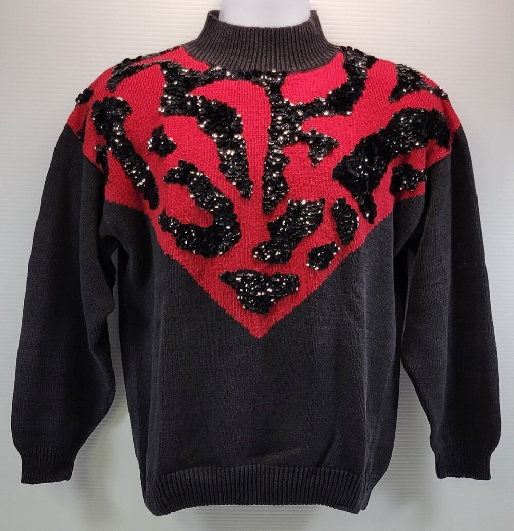 Women All Points by Reference Point Sequin Red Black Holiday Sweater Medium